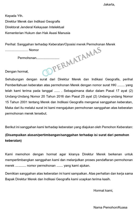 Contoh Format Surat Tanggapan Penolakan Merek